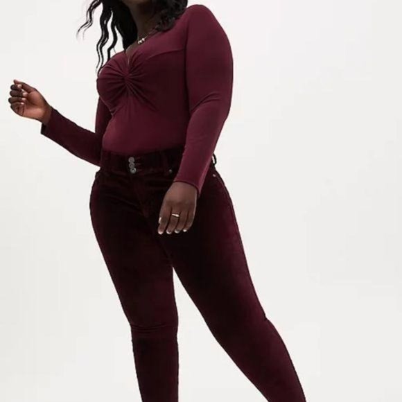 BURGUNDY PURPLE STUDIO KNIT TWIST FRONT BODYSUIT - Picture 3 of 6